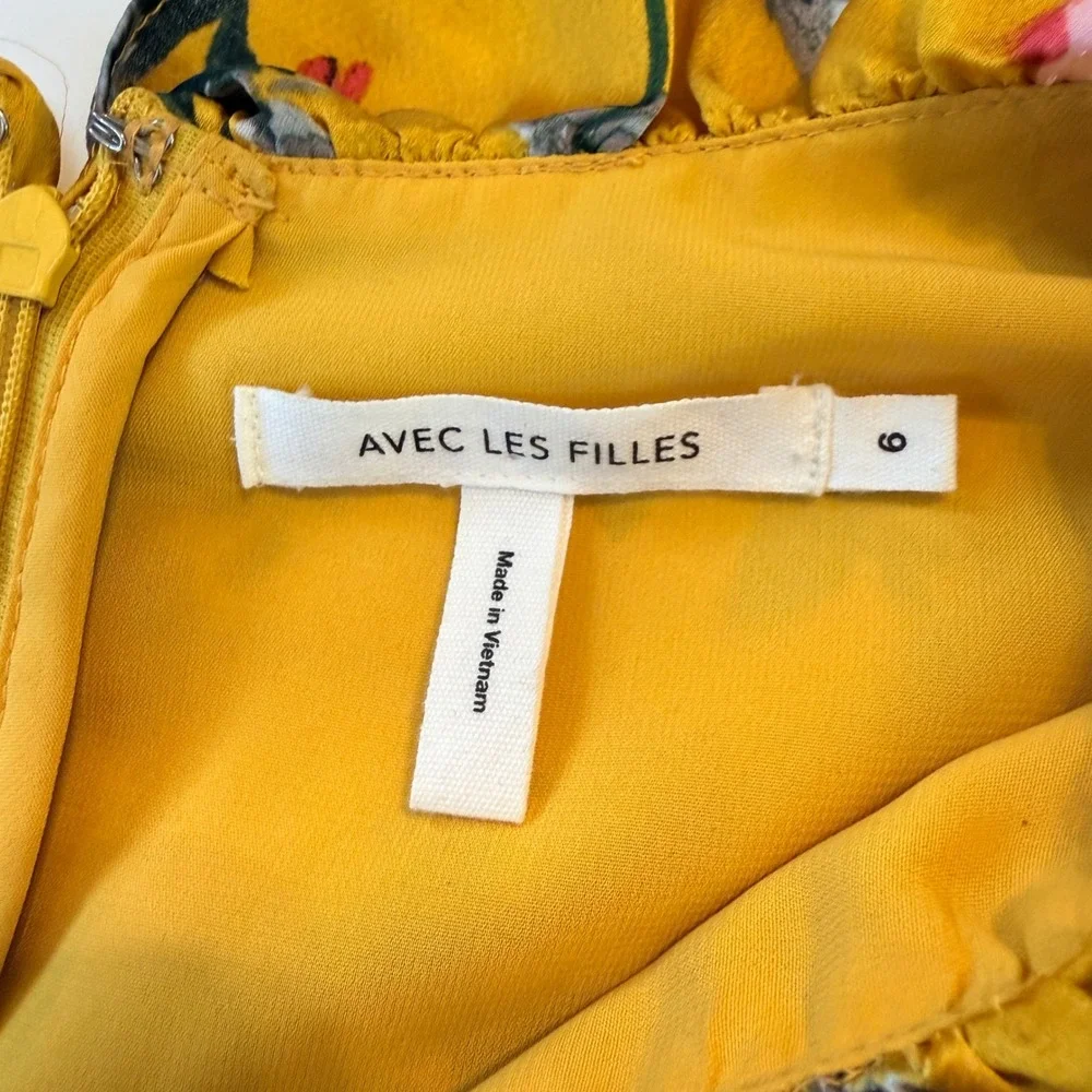 Avec Les Filles Mustard Floral Ruffle Tiered Mini Dress Cottagecore Coquette 6 - Picture 2 of 9